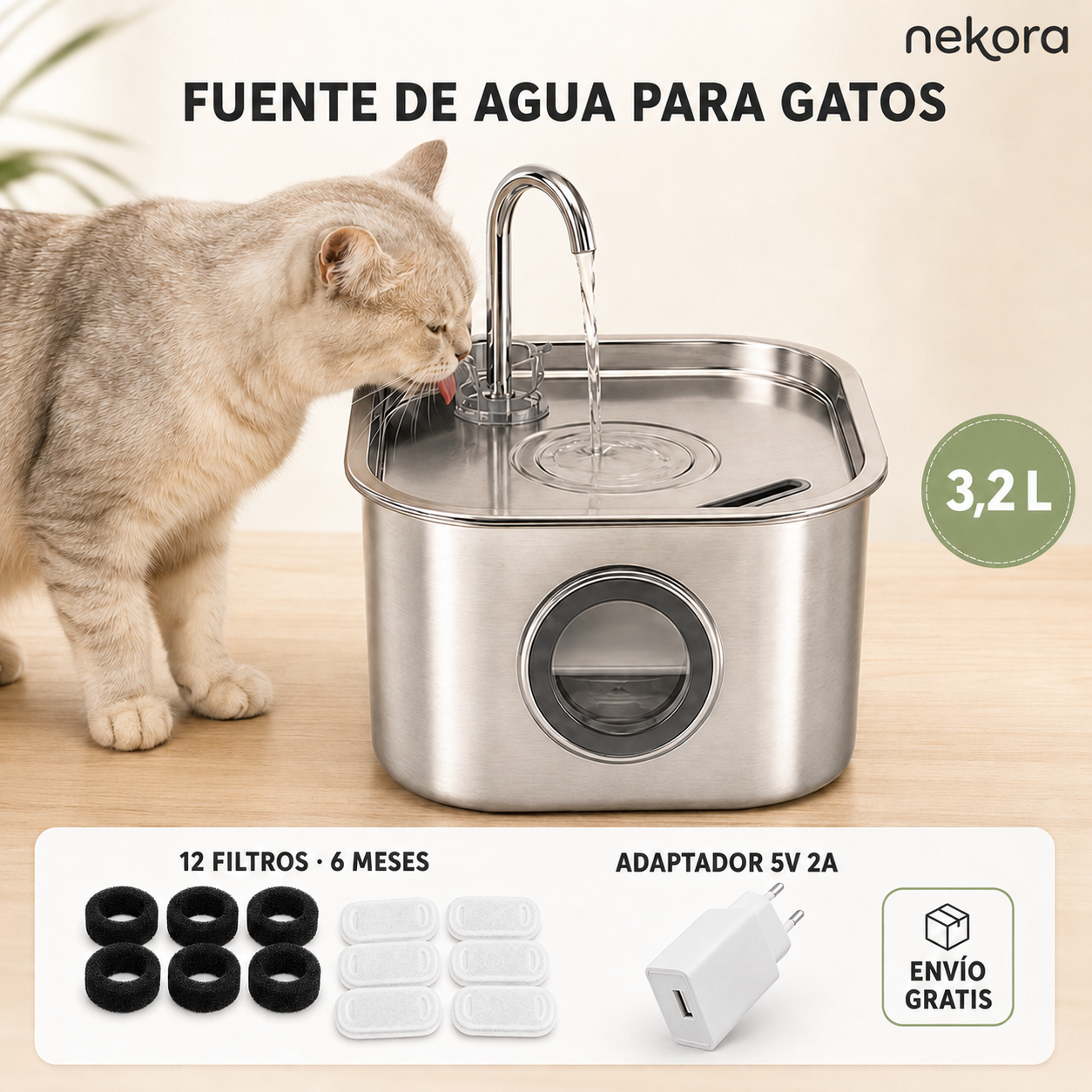 Nekora™ — 3.2L Fuente Inoxidable y Silenciosa